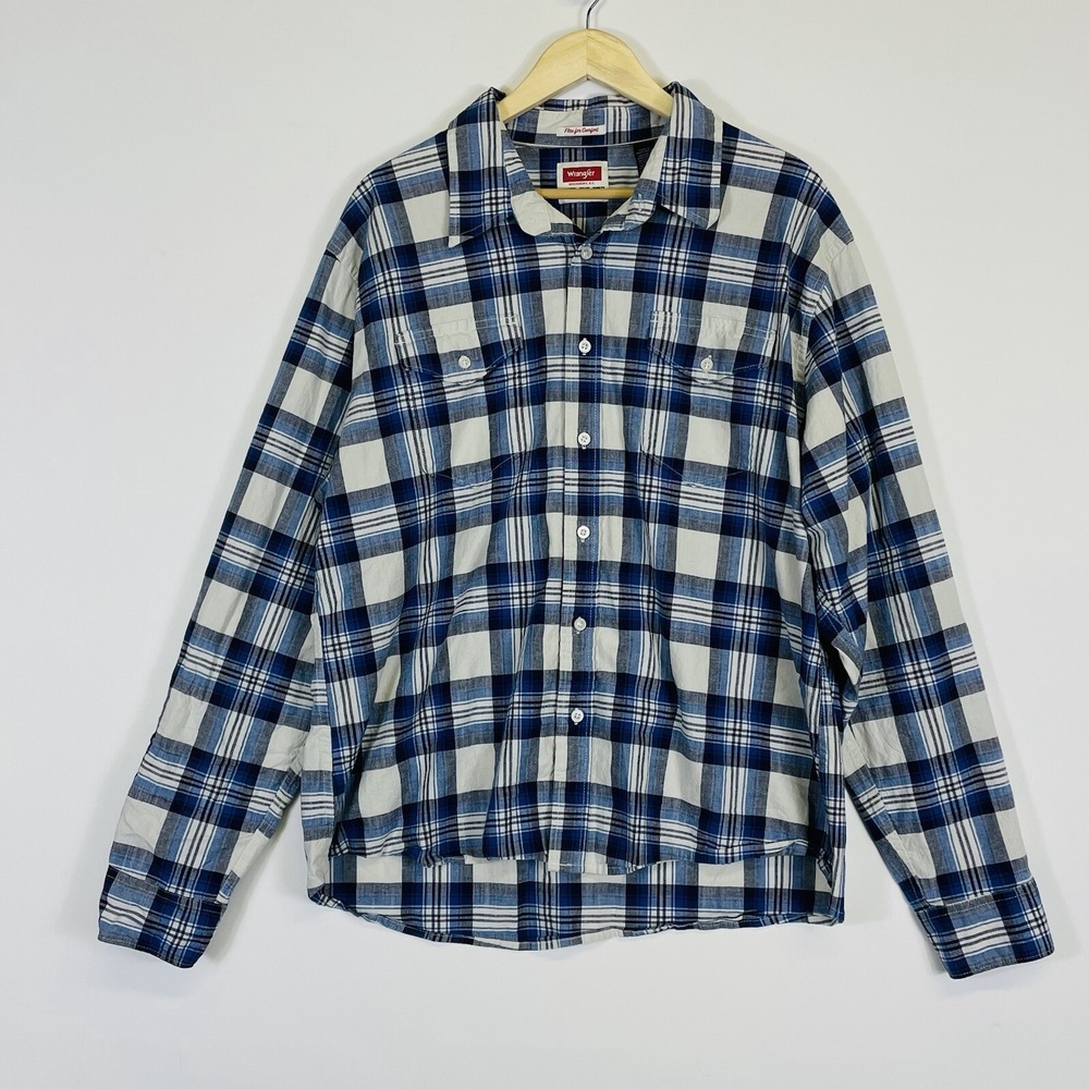 Wrangler Mens 2XL Shirt Blue White Plaid Cotton Button Long Sleeve Western Cabin